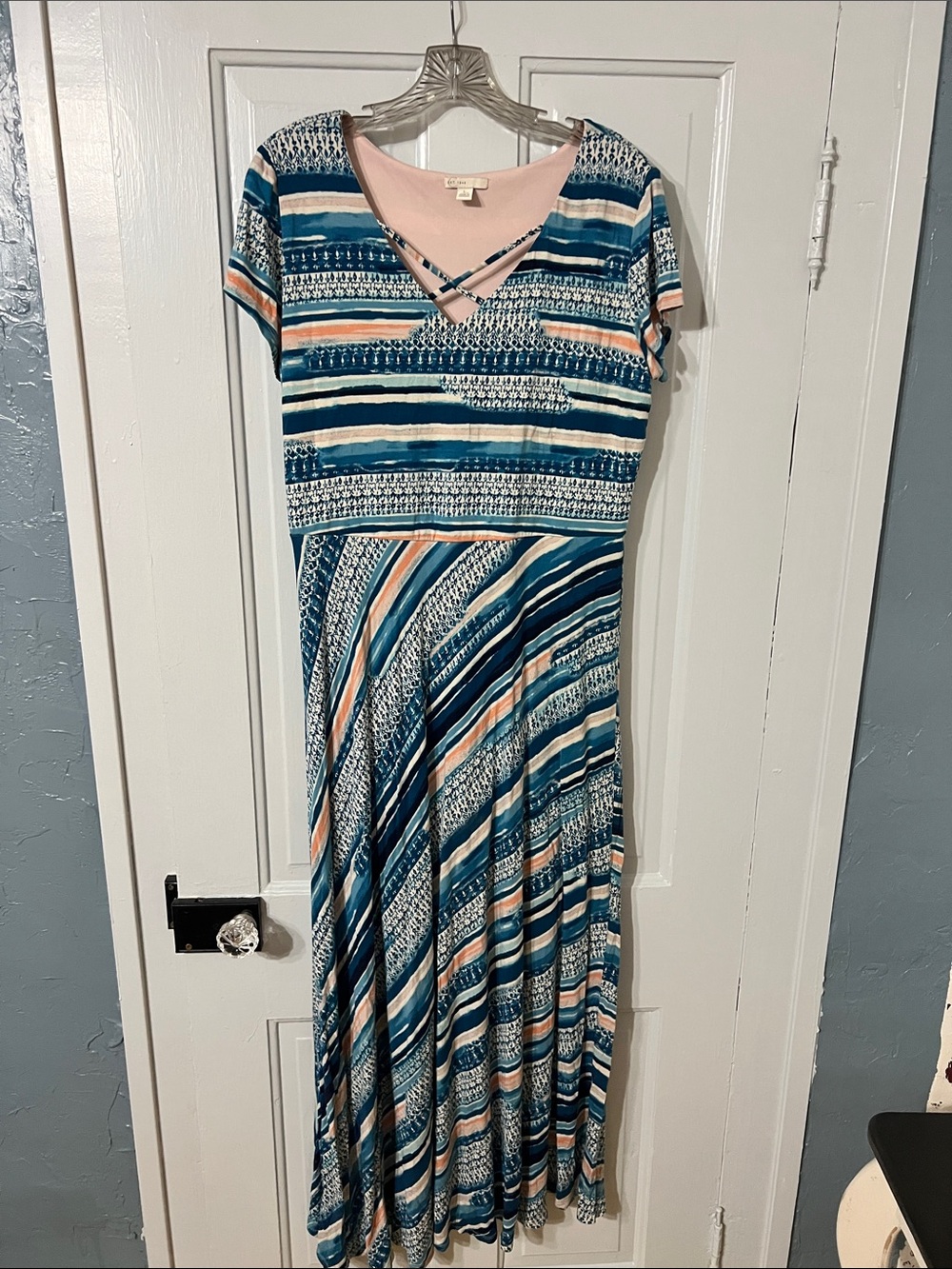 Striped Teal & Blush Short-Sleeve Maxi Dress